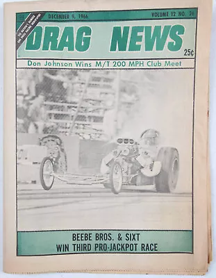 1966 Dec 9 DRAG NEWS Newspaper Beebe Mickey Thompson Chrisman Bovan Lions • $12.95