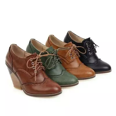 Womens Lace Up Oxfords Wingtip Brogues Block High Heels Pumps Shoes • $40.99