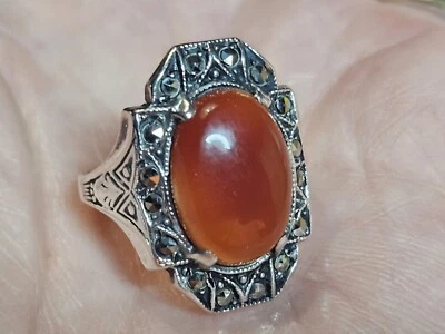 $39.99 • Buy 925 Silver - Vintage Carnelian & Marcasite Victorian Cocktail Ring Sz  6
