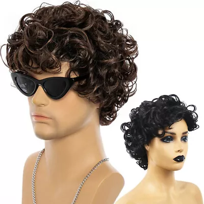 Short Wigs For Women Men Synthetic Fiber Black Wig Curly Hairstyle 70s 80s Wig • £13.26