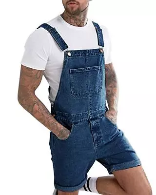 Mens Denim Dungaree Overalls Mini Jumpsuit Shorts Bib Brace Jeans Romper Pants • £21.69