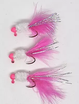 Hand Tied Feather Tail Crappie Jigs Pink & White W/ Flash  1/32th Ounce • $5