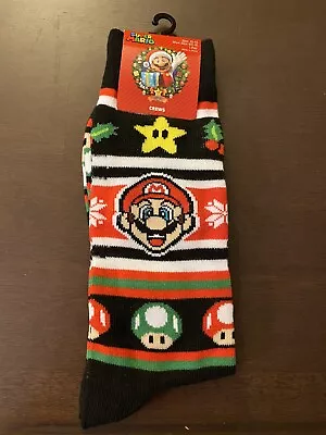 MENS SUPER MARIO Mushroom CHRISTMAS BLACK White  CREW SOCKS (SHOE SIZE 6.5-12) • $10.19