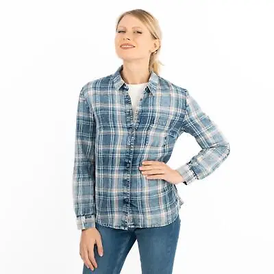 £9.95 • Buy Womens Check Shirt Blue Denim Blouse Long Sleeve Distressed Button Up Pockets