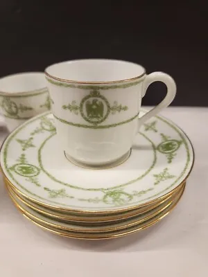 Vintage T. V. Limoges #254 Demitasse Cups & Saucers Green Eagle Wreath Set Of 4 • $69.99