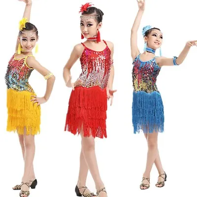 Girls Tassel Sequins Latin Dress Sleeveless Dancing Salsa Ballroom Costume  • $29.99
