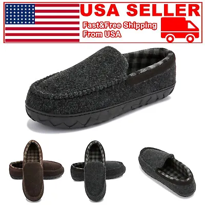 Men's Moccasin Slippers Warm Memory Foam Felted Wool Plush Shearling Lined Shoes • $15.95