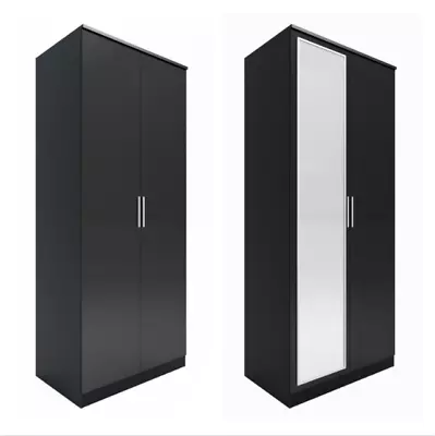 High Gloss 2 Door Black Mirrored Wardrobe Storage Hanging Rail Bedroom Furniture • £124.99