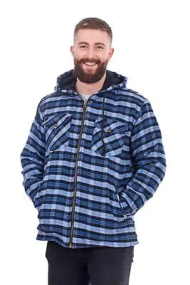 Mens Flannel Padded Work Shirt Hooded Quilted Yarn Dyed Cotton Lumberjack Jacket • £17.95