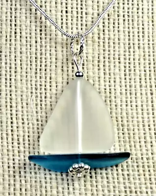 SAILBOAT Handmade Sea Glass Jewelry Crystal White W TEAL Hull Nautical Necklace • $21.95