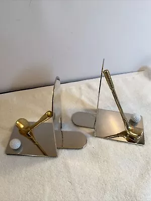 Vintage Pair Of Metal Bookends Golf Club & Ball Sports Decorative Man Cave • $15