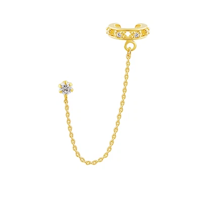 £19 • Buy Gold Plated Sterling Silver Double Chain CZ Ear Cuff Stud Earring