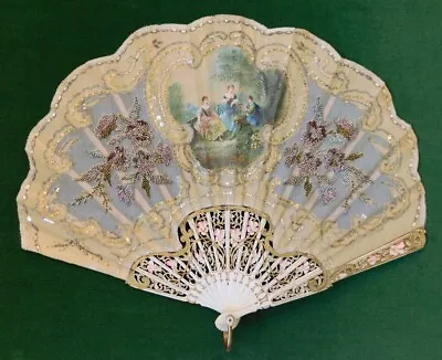 Antique 19th Century BAYARD Hand Fan Enamel Beaded Hand Painted - France • $575