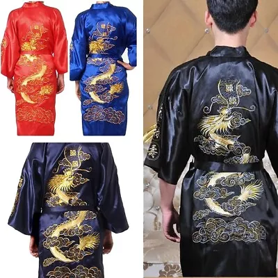 Chinese Dragon Art Satin Silk Women Men Embroidery Kimono Bath Gown Robes M-3XL • $31.98