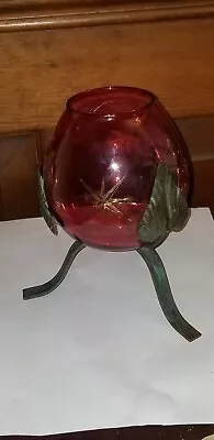 Vintage Cranberry Glass MCM Star Pattern Votive Holder Vase • $24.99