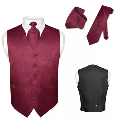 Men's Dress VEST NeckTie For Suit Tux BURGUNDY Color PAISLEY Design Tie Hankie S • $25.95
