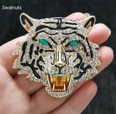 £6.70 • Buy Large Luxury Gold Tiger Head Brooch Pin Green Diamante Vintage Style Broach Gift
