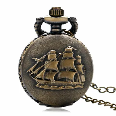 Steampunk Retro Sailing Boat Ship Unisex Quartz Pocket Watch Chain Necklace Gift • $4.50