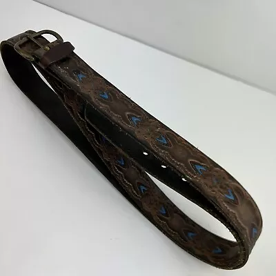 Vintage Brown Leather Belt Stamped & Painted 60” Long XL • $20.30