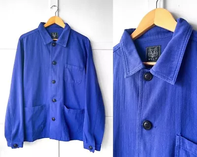 60s Chore Jacket French Style Bugatti Blue Washed Herringbone Cotton Twill • $73.93