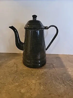 Vintage Enamel Black/White Swirl Spatter Coffee/Tea Pot Handle & Hinged Lid • $19