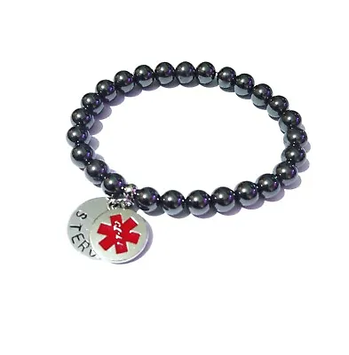 Medical Alert Bracelet SOS Emergency Stretch Hematite Beads & Medical Disc • £7.50
