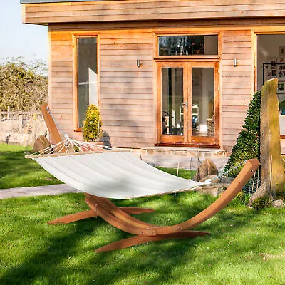 Outdoor Garden Hammock With Wooden Stand Swing Hanging Bed For Patio White • £159.99