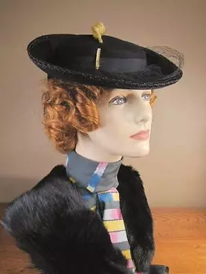 Vintage 1930s Black Felt Tilt Wide Brim Saucer Hat Netting Celluloid Hatpin P46 • $44.99