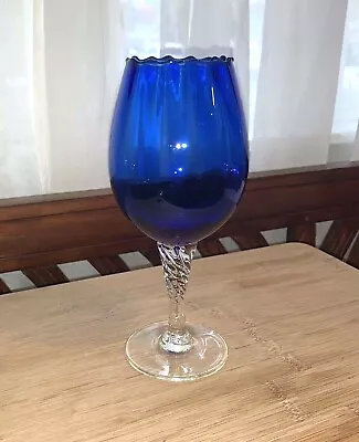 Blue Glass 8  Goblet Ribbed With Twisted Stem Beautiful Vintage MCM • $13.95