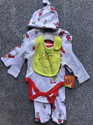 The Grinch 4 Piece Babygro Hat Vest & Bib Babies Outfit Age 0-3 Months BNWT • £17