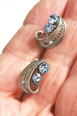 Van Dell Filigree Sterling Silver Blue Crystal Rhinestones Screw Back Earrings • $14.50