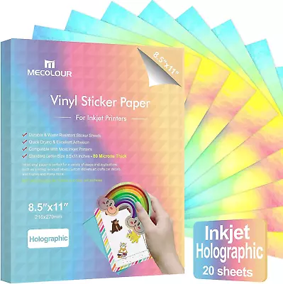 MECOLOUR Holographic Sticker Paper Printable Rainbow Vinyl 20 Sheets 8.5 X 11 • $14.91