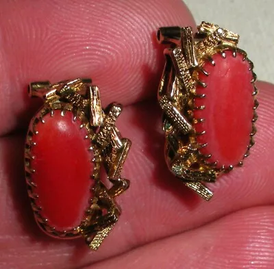 VINTAGE NAVAJO CORAL 14K GOLD EARRINGS GREAT MODERNIST DESIGN Tuvi • $550