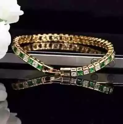 14K Yellow Gold Plated 10CT Princess Cut Lab Created Emerald Diamond Bracelet • $164.99