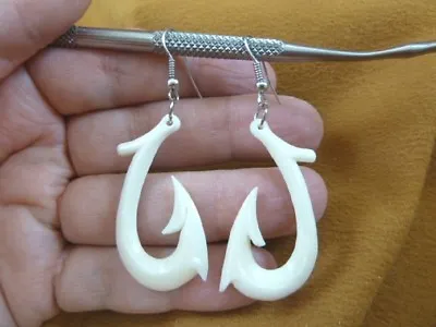 #MA-01A MAORI Style FISH HOOK White Aceh Bovine Bone Dangle Earrings Jewelry • $28.99