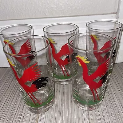 Federal Glass Red Crowing Rooster Collin Cocktail Tall Glasses 5 Set Great Cond. • $69.99