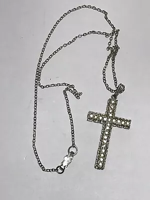 Vintage Silver Tone Rhinestone Cross Pendant Necklace Fancy Clasp Bling 70's 80s • $22.98