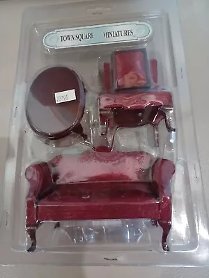 Town Square Miniatures Burgundy Couch & Chair W/Foot Stool & Table 1:12 NEW • $24.95