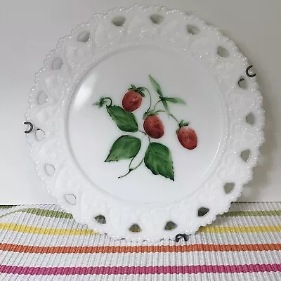 Vintage Kemple Milk Glass Hand Painted Strawberries Wall Hanging Plate • $14