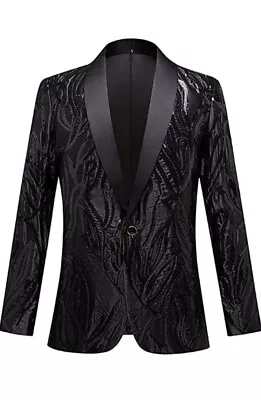 CARFFIV Men Fashion Colorful Pattern Sequins Suit Jacket BLACK • £69.80