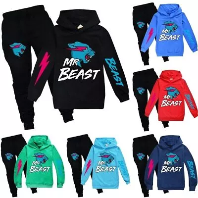 Kids Mr Beast Lightning Cat Casual Hoodie Tracksuit Sets Jumper Tops+Pants Suit • £19.99