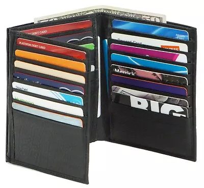 Mens European Cowhide Leather Trifold Mens Wallet 2 ID-20 Card Slots Black • $18.95