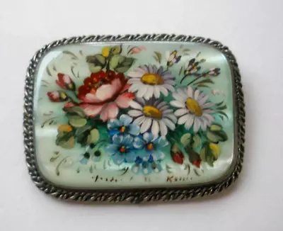 VTG Hand Painted Floral Flowers Mother Of Pearl Fedoskino ? Pin  Brooch Signed • $32.99