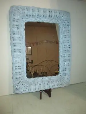 Vtg Shabby Chic Baby Blue Wicker Rectangular Wall Mirror 12  Wide X 16-1/4  Tall • $19.90