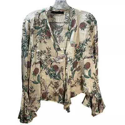 ZARA Silk Floral Detail Bird Pattern Kimono Cream Small • $25