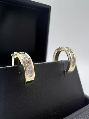 9ct Yellow Gold Cz 12mm Huggie Hoop Earrings - Uk Stocked With Jewellery Box • £79