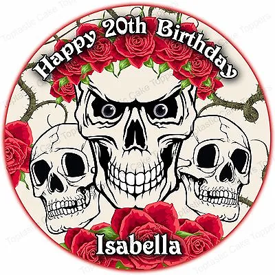 Personalised Vintage Gothic Emo Skull Roses Biker Edible Icing Party Cake Topper • £4.65