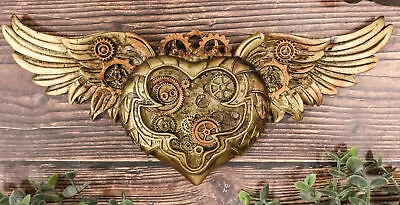 Steampunk Romantic Angel Winged Heart Clockwork And Gearwork Wall Plaque Decor • $25.99