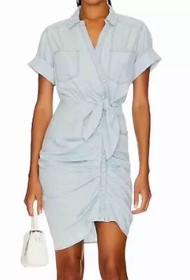 Veronica Beard Hensley Ruched Chambray Dress-Lt Blue-Pearl Snaps-Belt-Size 00 • $89.95