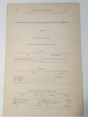 1909 Document DOYLESTOWN & WILLOW GROVE RAILWAY Philadelphia Streetcar Trolley  • £6.71